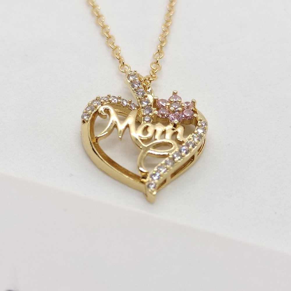 "Mom" Open Heart Flower Rhinestone Necklace - Picture 3 of 4